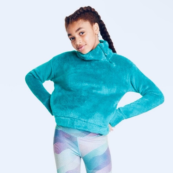 All In Motion Girls 6 High Pile Sherpa Fleece Pullover Sweatshirt 1/4 zip Teal - Picture 1 of 5